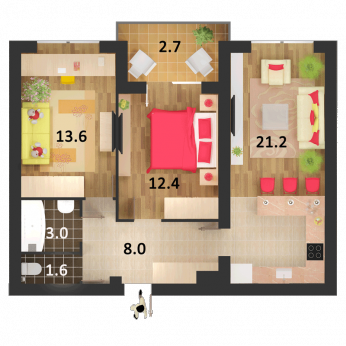 2 кімнатна 62 м² Студіо